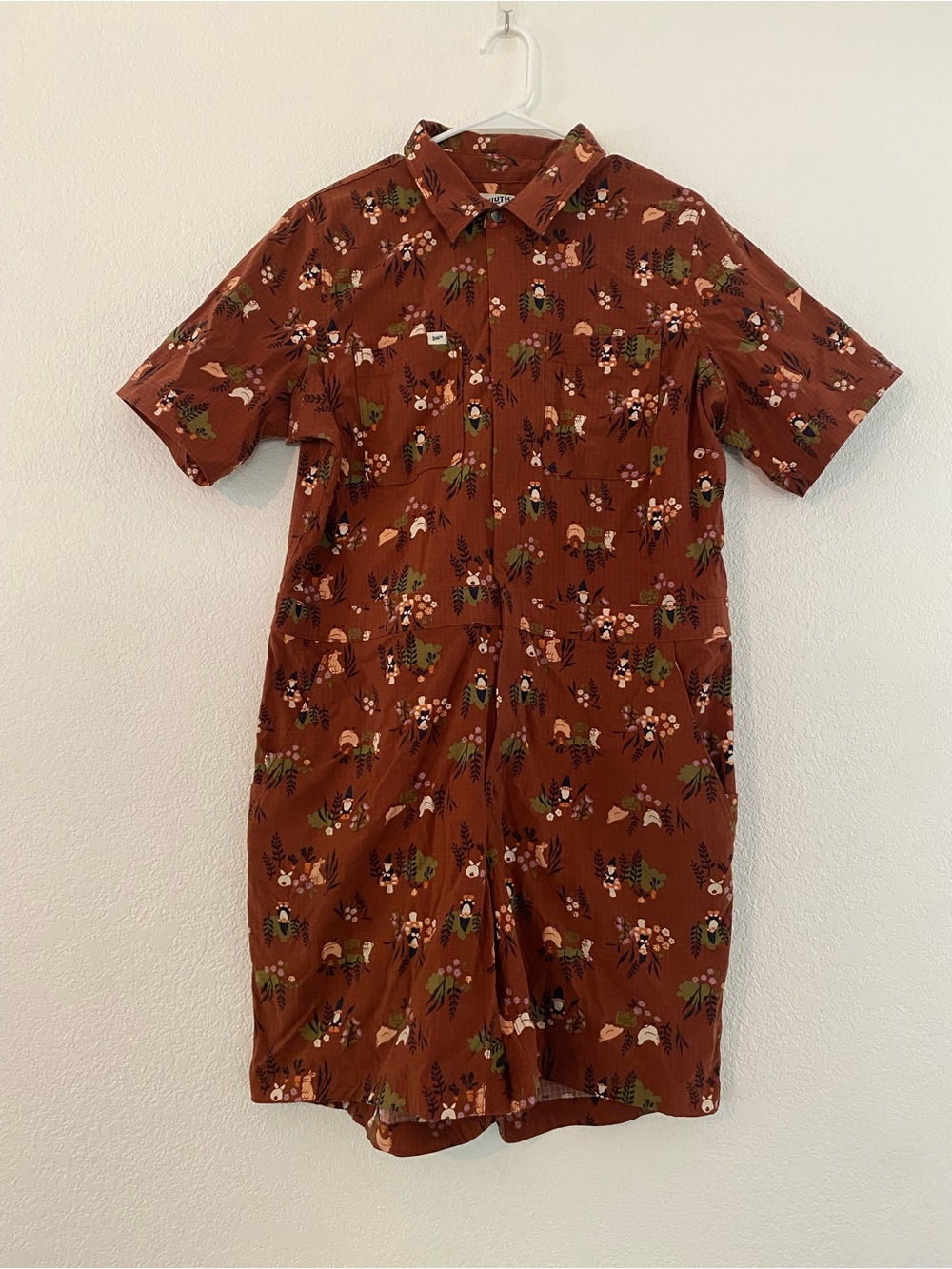 Duluth Trading Co Heirloom Gardening Short Coveralls Romper Gnome Print Womens L